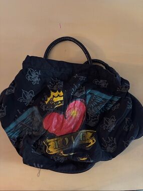 Black Graphic Heart Tote Bag with Crown and Wings